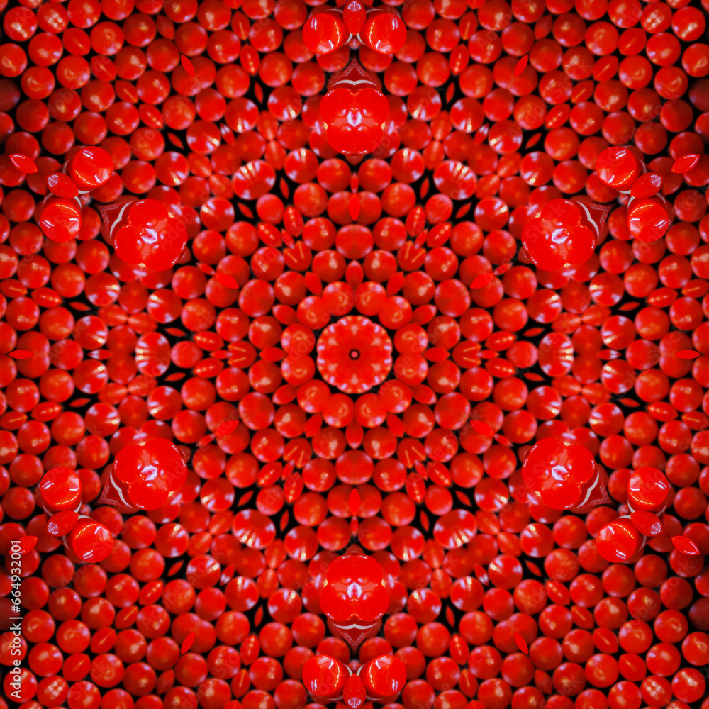 many bright red shiny pen tops in creative arrangement pattern and hexagonal floral fantasy design many bright red shiny pen tops in creative arrangement pattern and hexagonal floral fantasy design