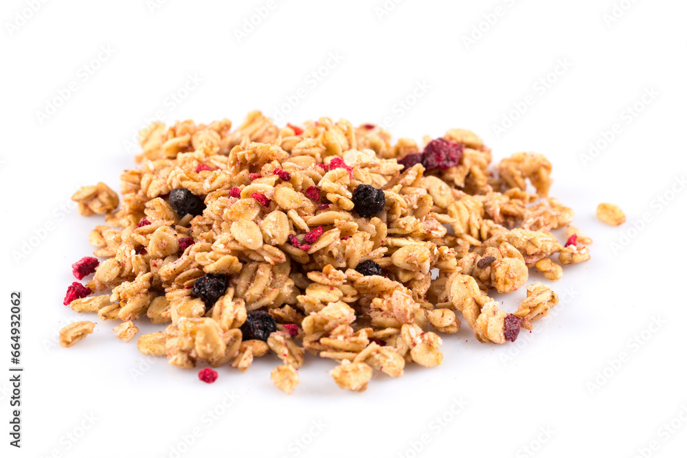 Muesli oat cereals close up background with dry fruits Muesli oat cereals close up background with dry fruits