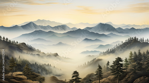 A misty morning view of a mountain range.