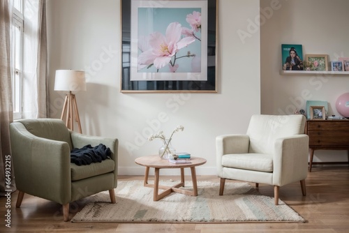 Interior mockup with picture frame on a Wall. Living room in pastel colors with sofa and painting on a wall 