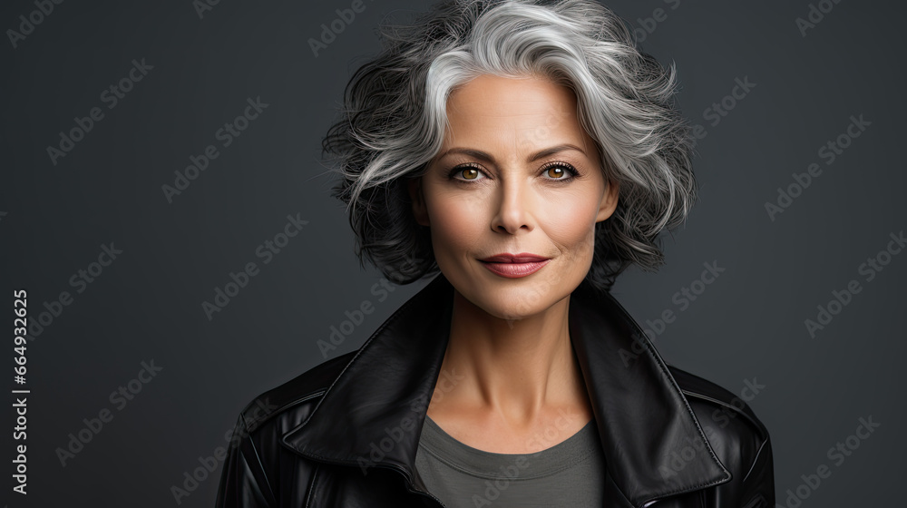 Portrait of a fashionable mature woman, trendy, grey background Portrait of a fashionable mature woman, trendy, grey background