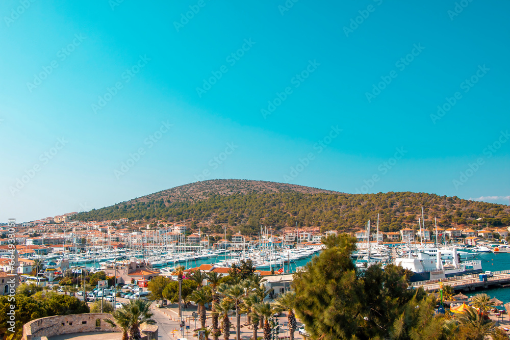 Panoramic view of Cesme from the castle and yatch marina, Izmir Turkey.