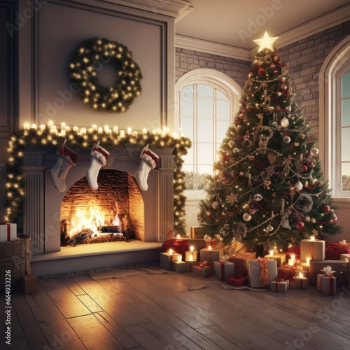 Wallpaper Mural "Cozy Holiday Haven: Decked Out Christmas Tree and Fireplace in Festive Living Room" Torontodigital.ca