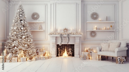 "Cozy Plaid Christmas Scene: Fireplace, Trees, Gifts, and Teddy Bear in a Winter Wonderland"