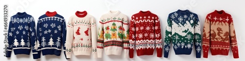 "Cozy up with our Festive Christmas Jumper Collection: A Set of Warm and Colorful Sweaters on a White Background for Winter Banner Designs"