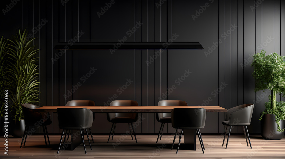 Interior of modern dining room, dining table and wooden chairs in room with black panelling wall Interior of modern dining room, dining table and wooden chairs in room with black panelling wall