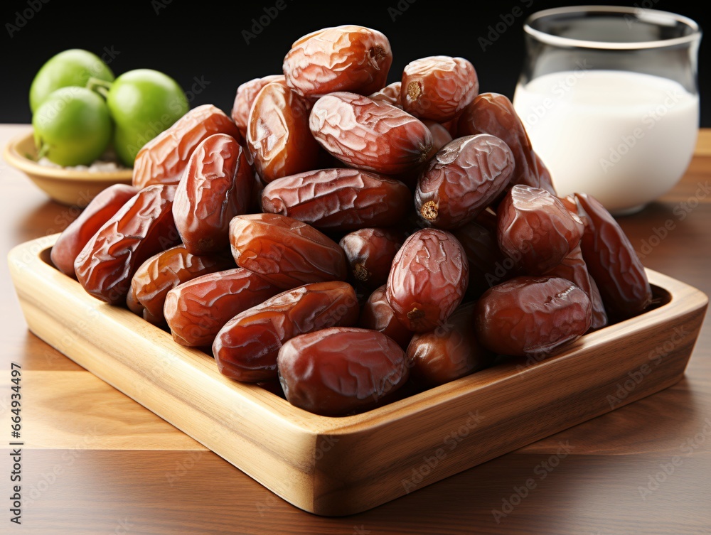 Dried Dates in a Wooden Basket. Close-up of Date Fruit Dried Dates in a Wooden Basket. Close-up of Date Fruit