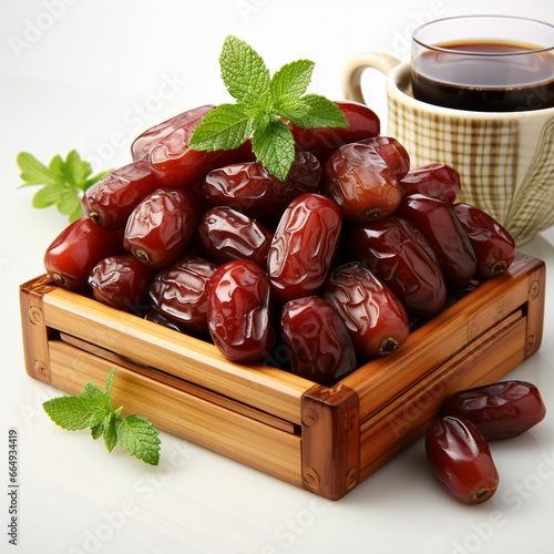 Dried Dates in a Wooden Basket. Close-up of Date Fruit photo