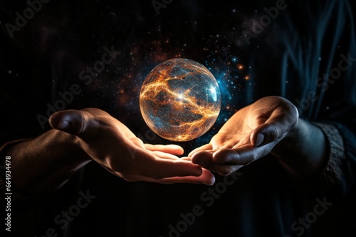An image of an abstract human hand extending toward a celestial sphere, illustrating the connection between the creator's touch and the power of the universe.