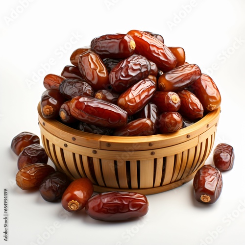 Dried Dates in a Wooden Basket. Close-up of Date Fruit photo