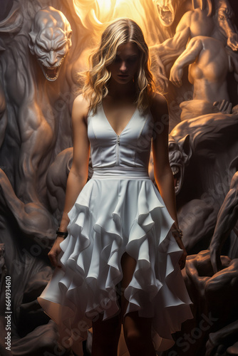 Young woman in white dress trapped with aggressive demons emerging from walls.