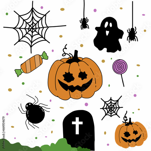 Halloween vector background design. Happy halloween trick or treat text with cute ghost and pumpkins element for spooky yard party celebration