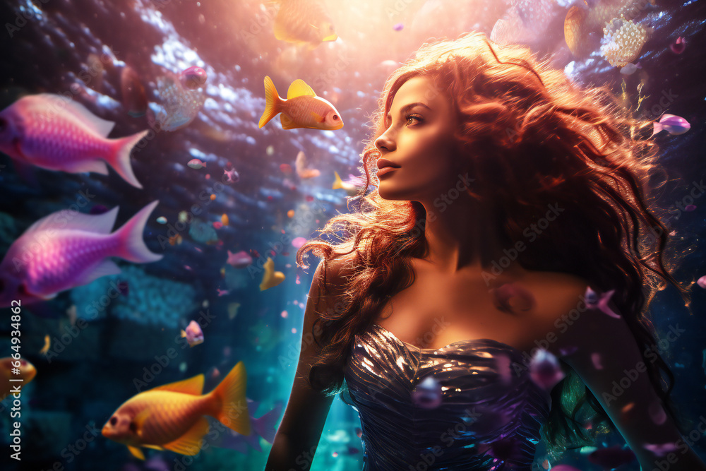 real mermaid with purple hai swimming underwater near coral reef with colorful fish, fantasy real mermaid with purple hai swimming underwater near coral reef with colorful fish, fantasy