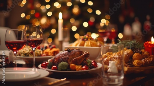 "Joyful Christmas Dinner with a Large Family Gathering Around the Festively Decorated Table at Home"