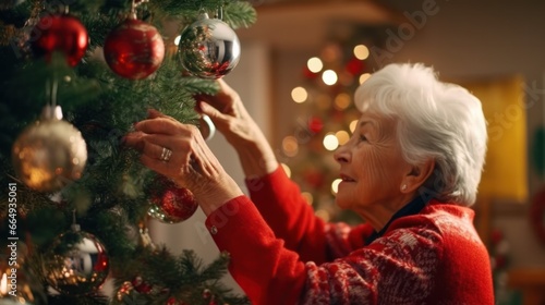 "Mature Woman Adds Festive Touch: Hanging Christmas Tree Ball Decoration for a Senior Citizen Christmas"