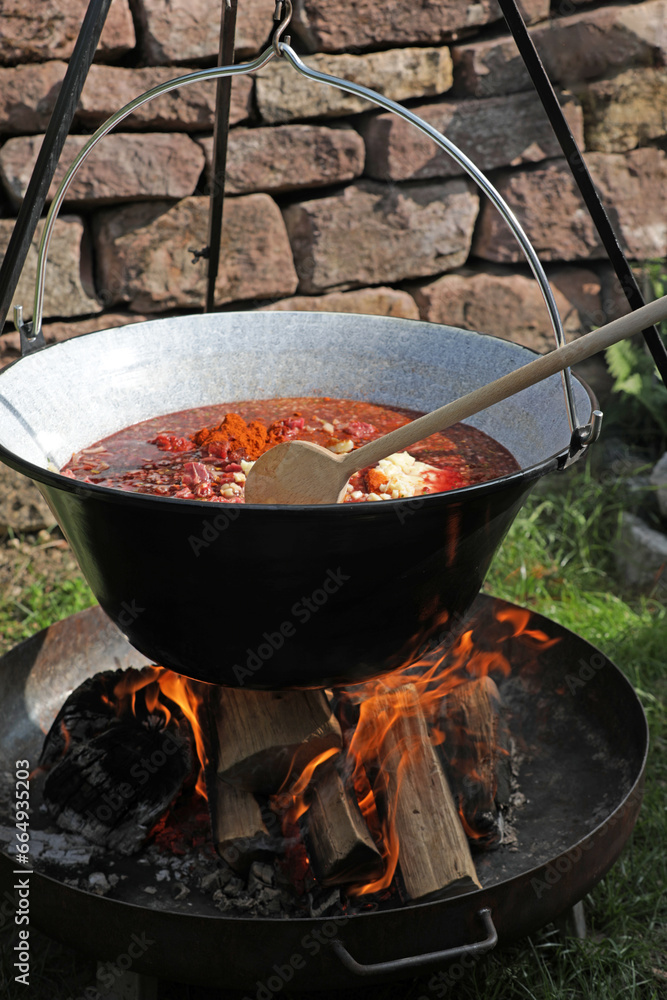 Meat and vegetables in a goulash kettle on a fire pit Meat and vegetables in a goulash kettle on a fire pit