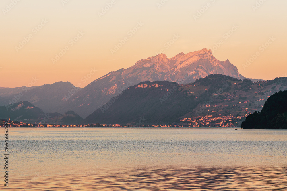 Sunset at Lake Lucerne in Switzerland.