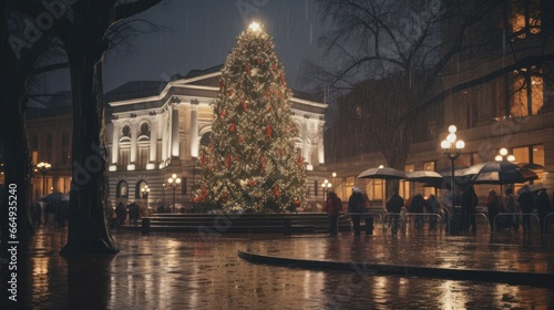 "Rainy Winter Night in Portland: Pioneer Courthouse and Festive Christmas Tree Illuminating City's Architecture and Public Spaces"