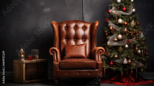 "Rustic Christmas Scene: Leather Armchair and Tree Set Against Industrial Concrete Wall with Gift Box on Floor"