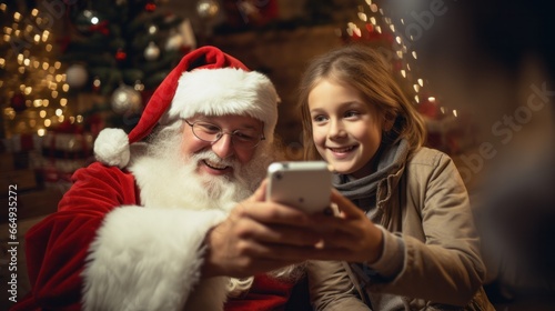 "Santa Claus and Child Capture Festive Spirit with Christmas Selfie Technology"