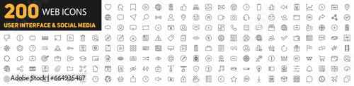 Set of 200 web icons. User interface and social media icons. Linear style. Vector illustration