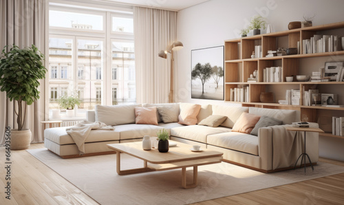 Interior design of modern scandinavian apartment, living room 3d rendering.