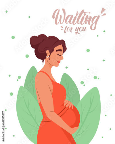 Postcard of pregnant woman waiting baby. Motherhood and maternity concept. Leaf in background. Cartoon parent. Family love, beautiful female. Birth expecting. Happy, calm mother. Vector illustration