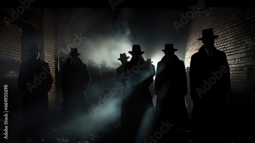 Several dark silhouettes of criminal people
