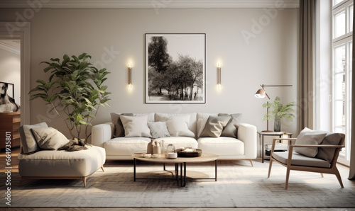 Interior design of modern scandinavian apartment  living room 3d rendering.