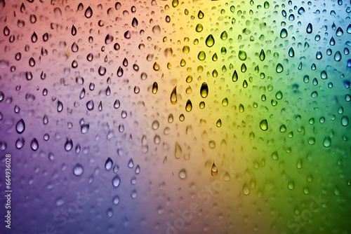 Raindrops on a window on a colorful rainbow background.