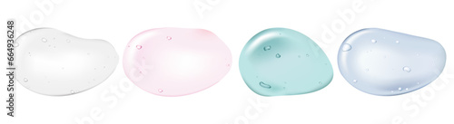 Glycerin gel texture set. Different colors of Cosmetic cream clear liquid gel texture with micro bubbles isolated on white background. Clear skincare product sample. Liquid cream. Vector illustration.