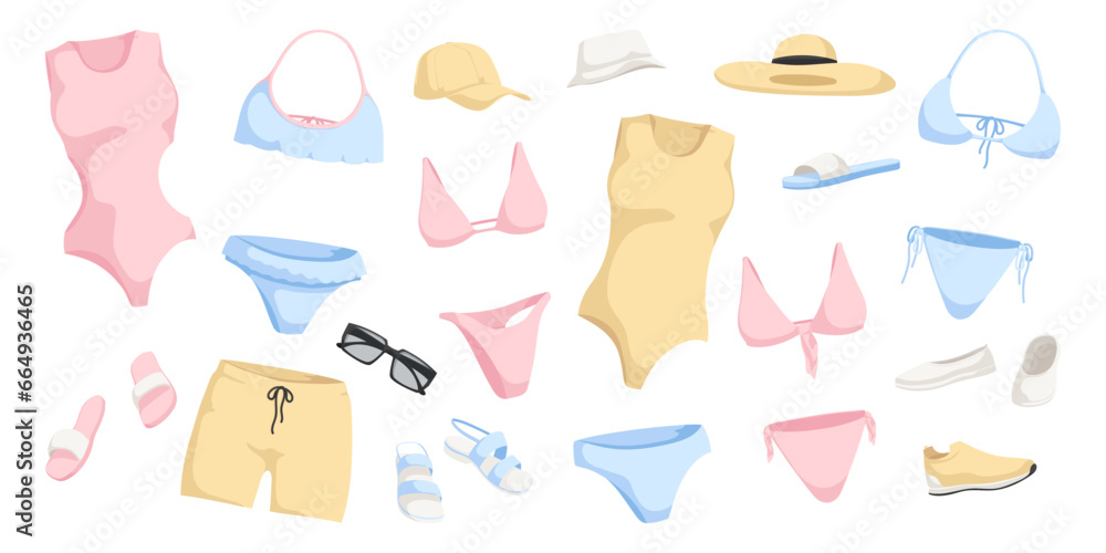 Set of tender colorful beachwear. Collection of swimsuit, flip flops, hat, bikini, sunglasses. Fashion female clothes. Beach and pool sunbathing. Isolated on white background. Vector illustration Set of tender colorful beachwear. Collection of swimsuit, flip flops, hat, bikini, sunglasses. Fashion female clothes. Beach and pool sunbathing. Isolated on white background. Vector illustration