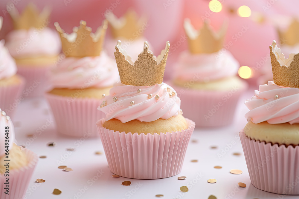 Pink cupcakes with crown on the top, birthday girl party 