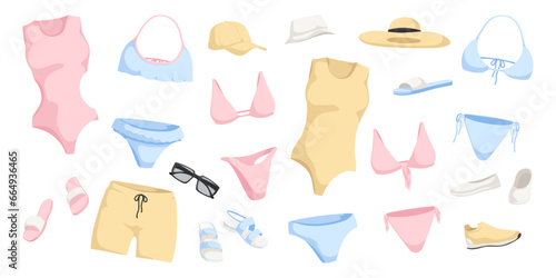 Set of tender colorful beachwear. Collection of swimsuit, flip flops, hat, bikini, sunglasses. Fashion female clothes. Beach and pool sunbathing. Isolated on white background. Vector illustration