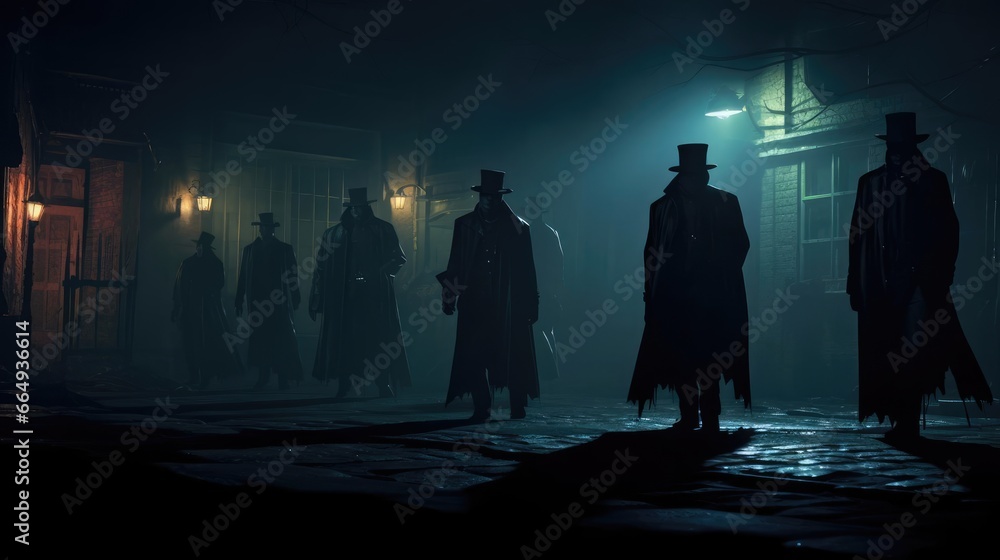 Several dark silhouettes of criminal people