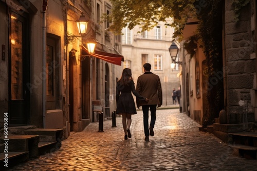 A photograph of a couple taking a leisurely stroll through a charming, cobblestone-lined European street, embracing the romantic atmosphere.