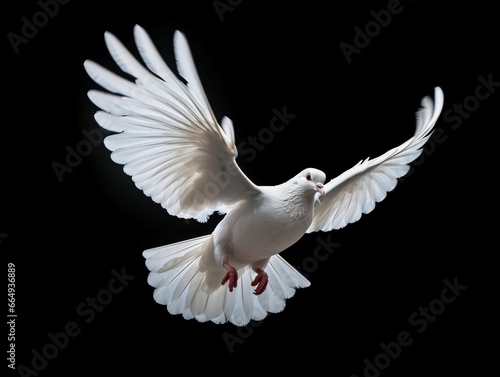 Beautiful White Dove Flapping Its Wings Isolated on Black Background