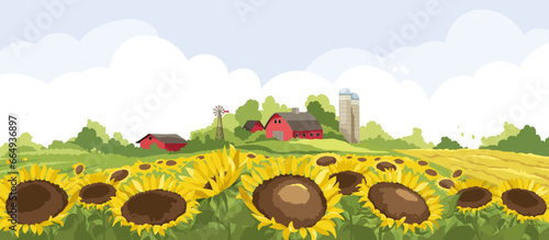 Abstract rural landscape -- field of sunflowers. Vector illustration, red farmhouse among fields and meadows. Harvest time. 