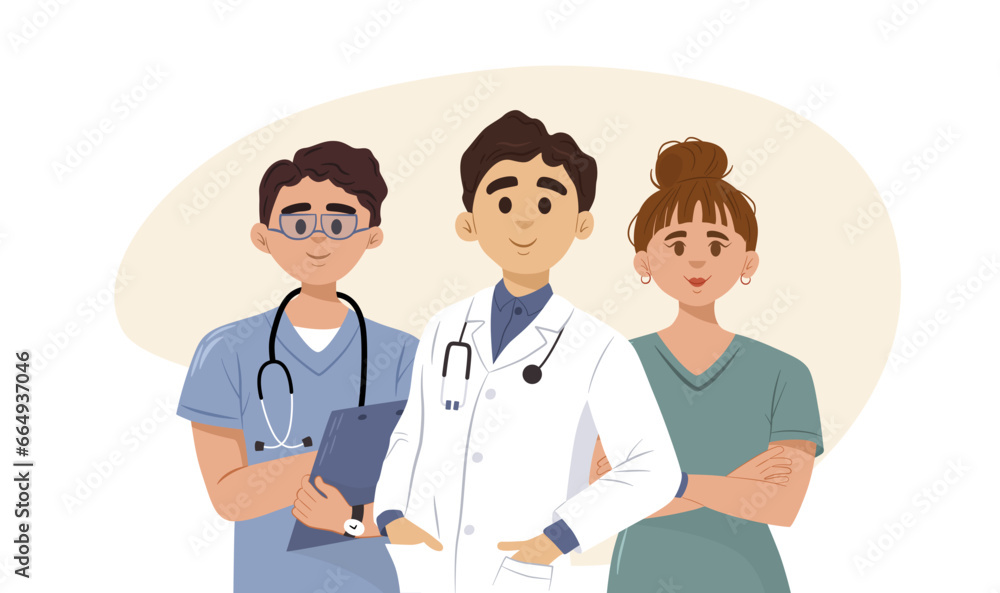 Doctor in white gown holding hand in pocket, male and female nurse wearing uniform. Hospital employee standing in row. Clinic medicine. Emergency treatment concept. Vector illustration Doctor in white gown holding hand in pocket, male and female nurse wearing uniform. Hospital employee standing in row. Clinic medicine. Emergency treatment concept. Vector illustration