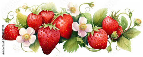 Watercolor drawing of fresh red strawberries with flowers on white background.