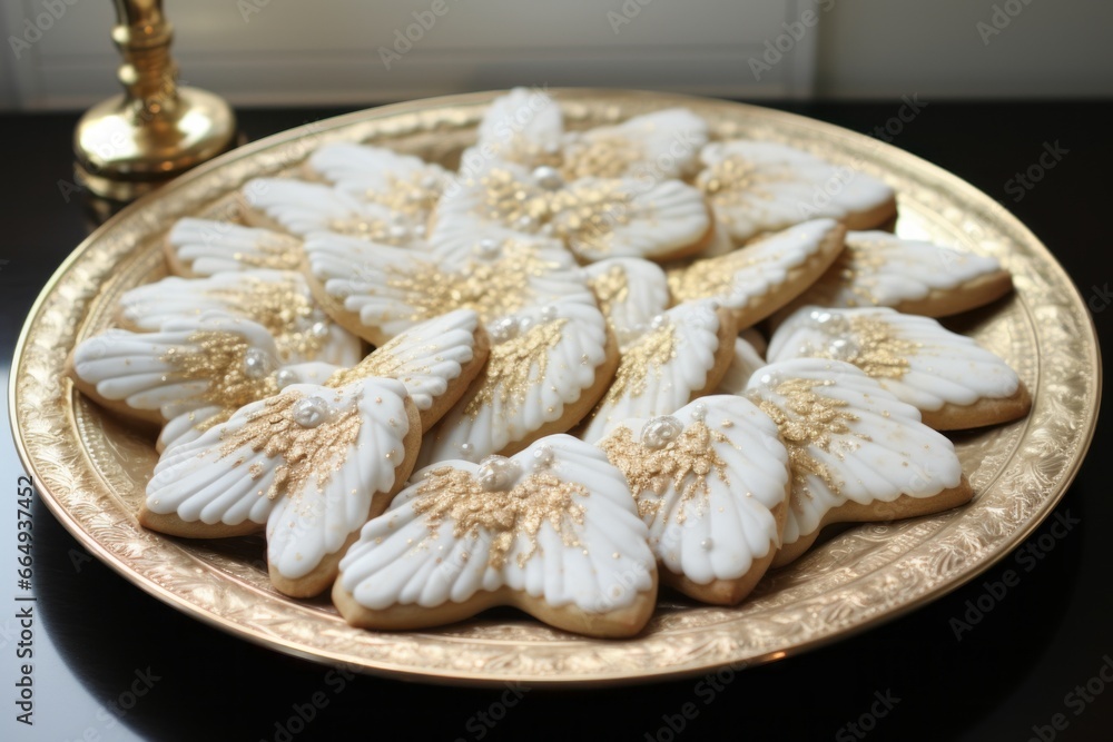 A plate filled with frosted shortbread cookies, delicately shaped like angels and adorned with edible gold and silver dust. A plate filled with frosted shortbread cookies, delicately shaped like angels and adorned with edible gold and silver dust.