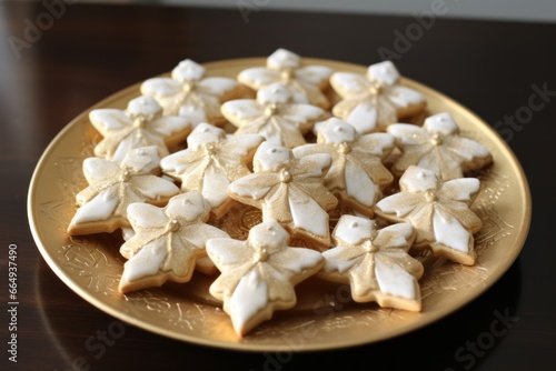 A plate filled with frosted shortbread cookies, delicately shaped like angels and adorned with edible gold and silver dust.