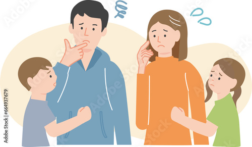 子どもに頼み事をされて困っている若い夫婦と子どもの家族
