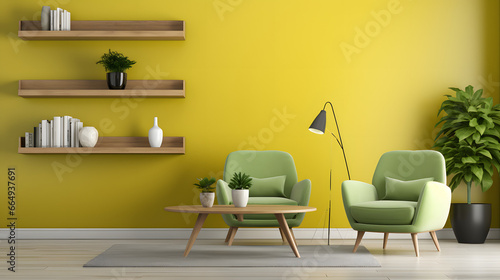 Interior of modern living room with yellow armchair and coffee tables over green wall, home design