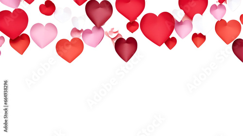 Upper border of red and pink valentine hearts on white background, space for text