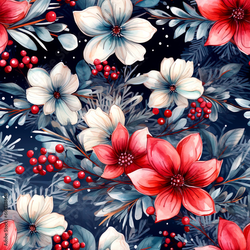 Seamless Floral Pattern Swatch. Christmas Background with White and Red Poinsettia Flowers in Composition.