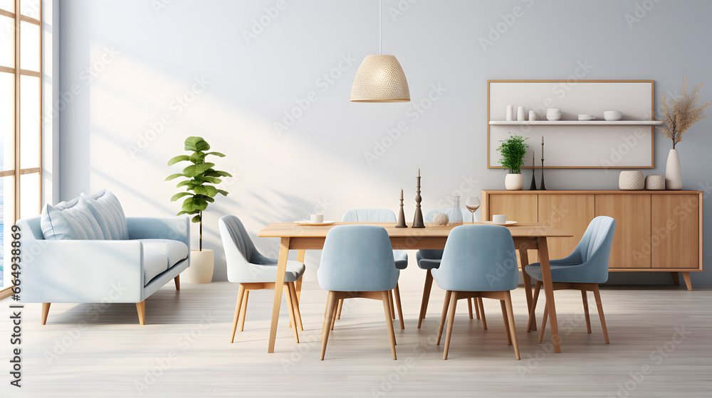 Light blue sofa and dining table and chairs. Scandinavian or mid-century interior design of modern living room Light blue sofa and dining table and chairs. Scandinavian or mid-century interior design of modern living room