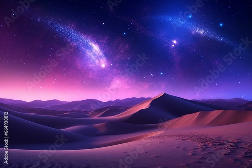 A stunning desert with rolling sand dunes and a mesmerizing night sky featuring a purple gradient and countless stars. Generative AI