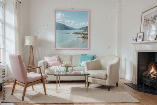 Interior mockup with picture frame on a Wall. Living room in pastel colors with sofa and painting on a wall 