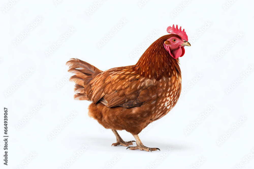 Brown Hen Showcasing Its Strut on a White Background